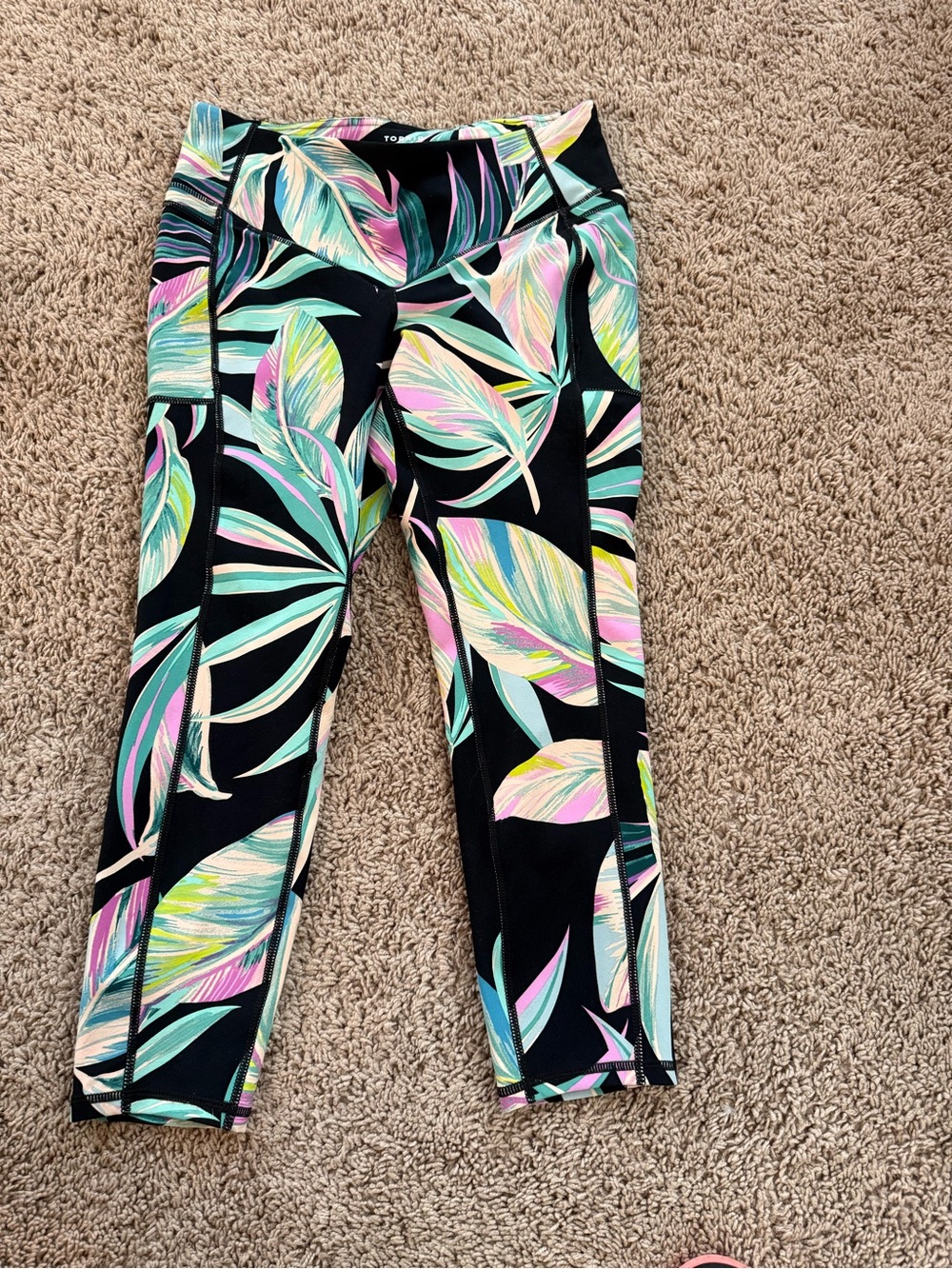 Black Crop Leggings with Pastel Tropical Leaf Print